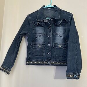 Womens Blue Denim Jean Jacket Embroidered Trim Western Style Medium